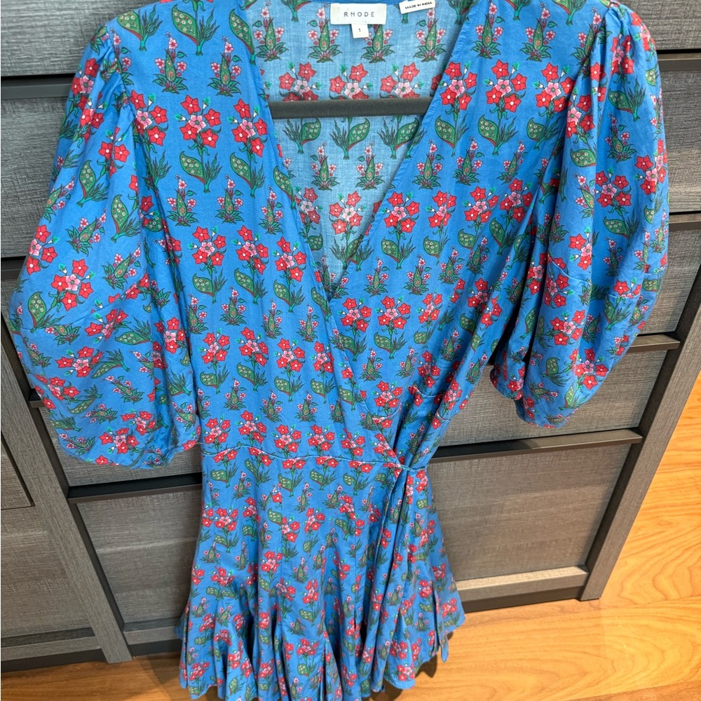 RHODE Blue Dress with Red Floral Design